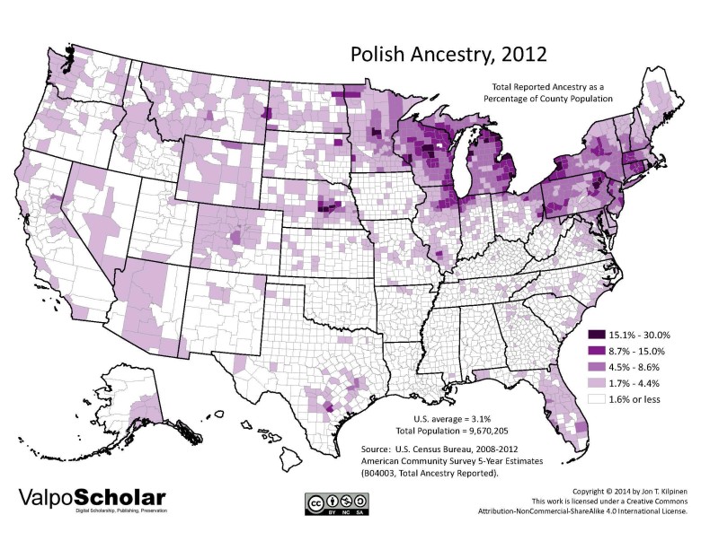 Odsetek Amerykanów polskiego pochodzenia według powiatów w 2012 roku