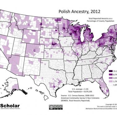 Odsetek Amerykanów polskiego pochodzenia według powiatów w 2012 roku