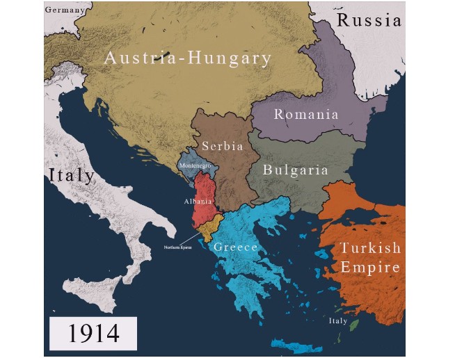 Zmieniające się granice na Bałkanach (pierwsza i druga wojna bałkańska, pierwsza wojna światowa) (animacja)