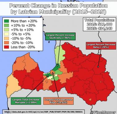 Mapa etniczna Łotwy. Zmiana liczby ludności rosyjskiej w gminach, 2015-2025