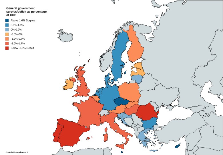 Nadwyżka lub deficyt sektora instytucji rządowych i samorządowych jako procent PKB (Źródło: Eurostat)