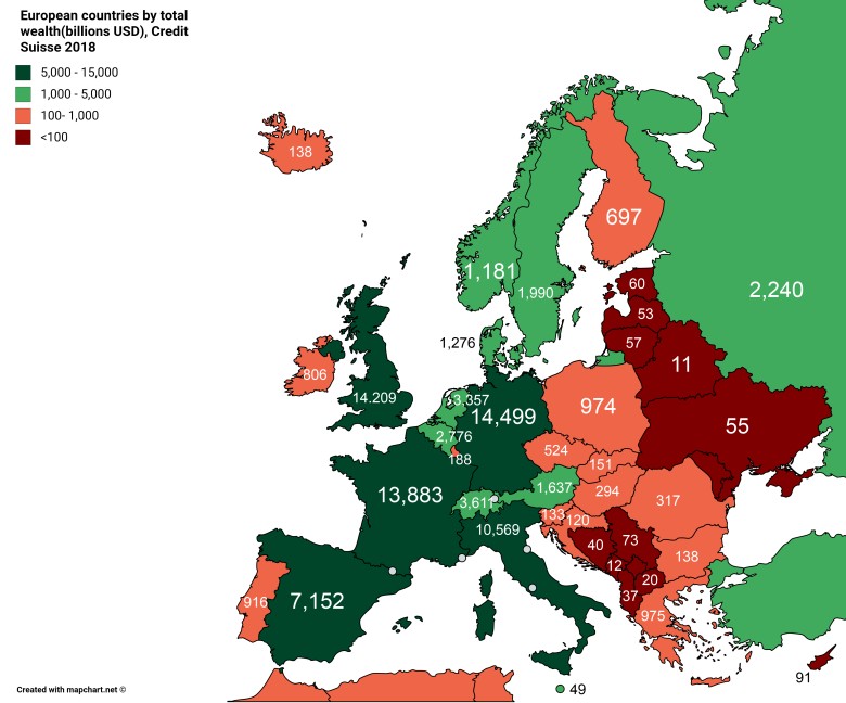 Kraje europejskie według sumy majątku (miliardy USD), dane Credit Suisse 2018