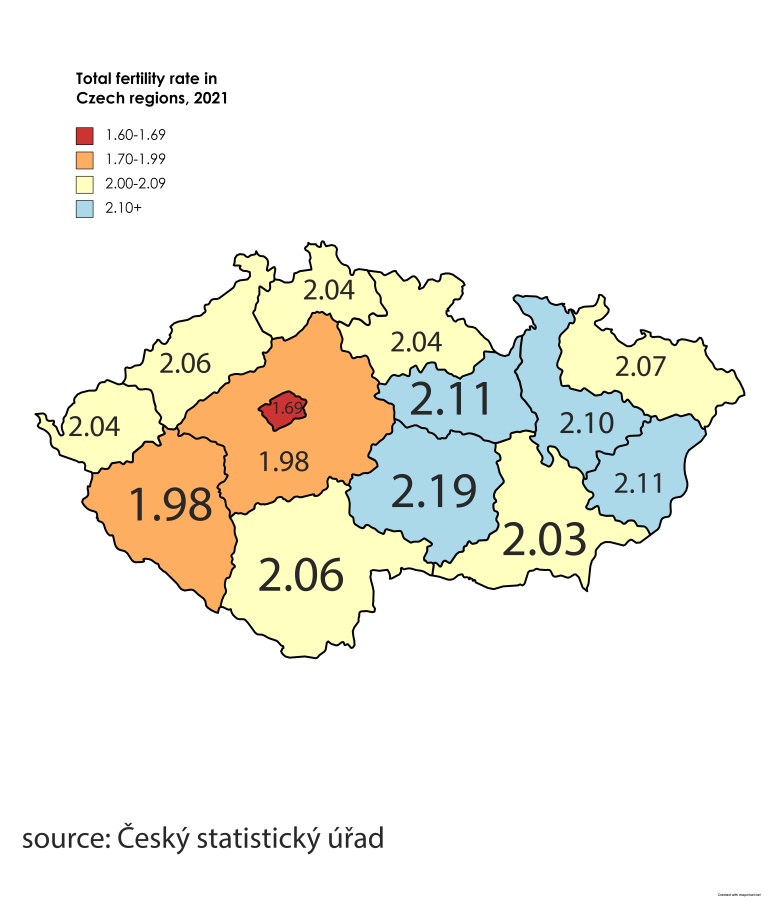 Współczynnik dzietności całkowitej w regionach Czech (2021 - Czeski Urząd Statystyczny)