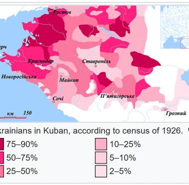 Odsetek Ukraińców mieszkających na współczesnych terenach Rosji w 1926 r.