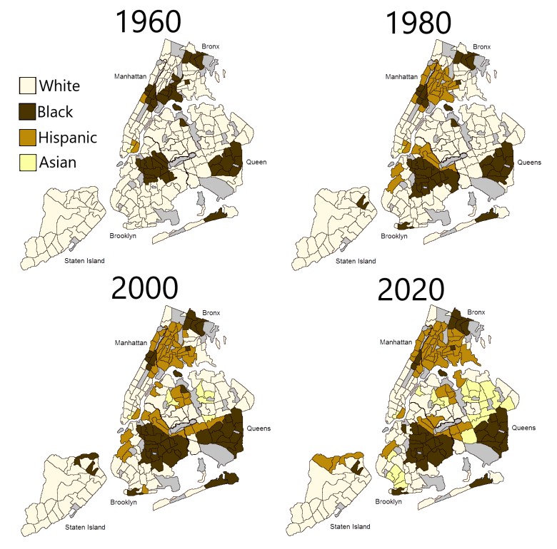 Mapa etniczno-rasowa Nowego Jorku, 1960, 1980, 2000, 2020