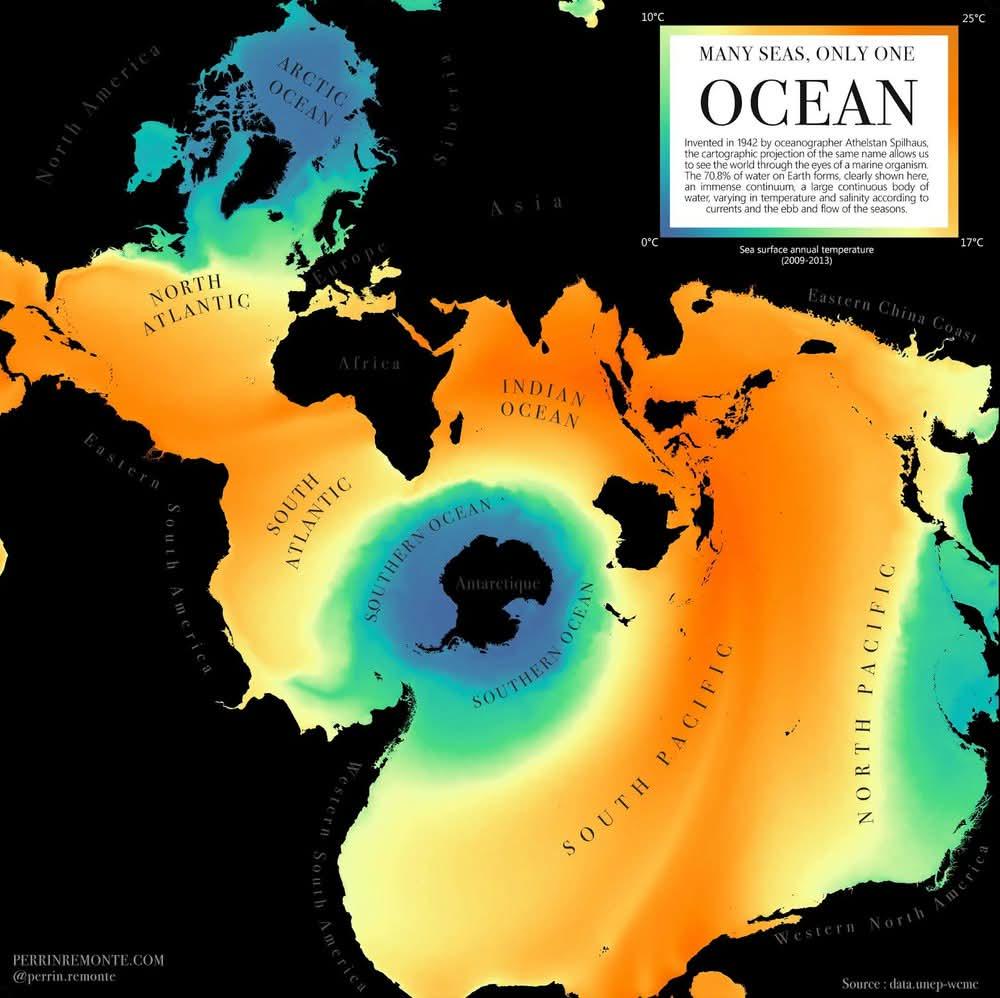 Projekcja mapy oceanów świata Spilhausa z temperaturą powierzchni morza, 2009-2013