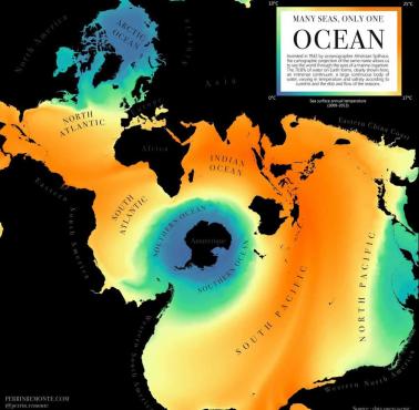 Projekcja mapy oceanów świata Spilhausa z temperaturą powierzchni morza, 2009-2013