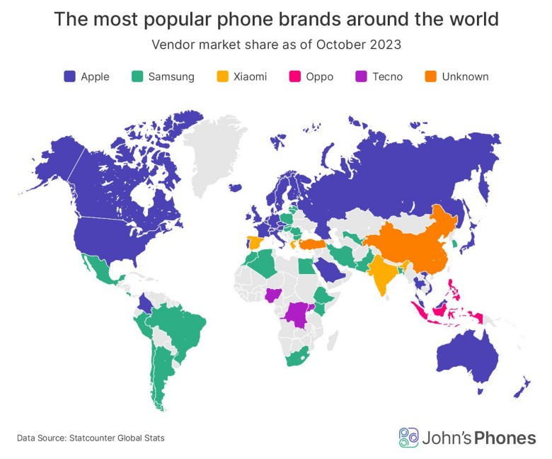 Mapa przedstawiająca udział rynkowy producentów smartfonów