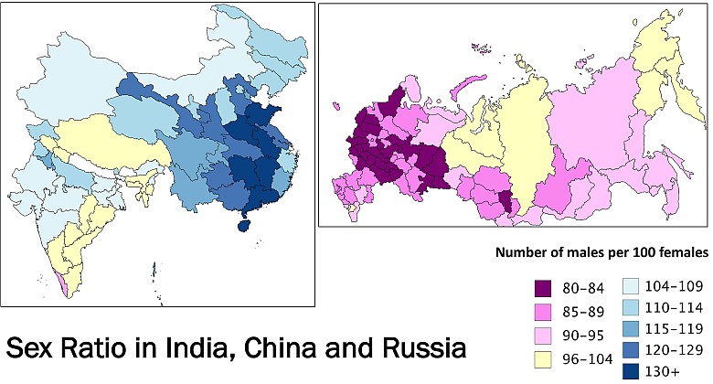 Proporcja mężczyzn do kobiet w Rosji, Indiach i Chinach