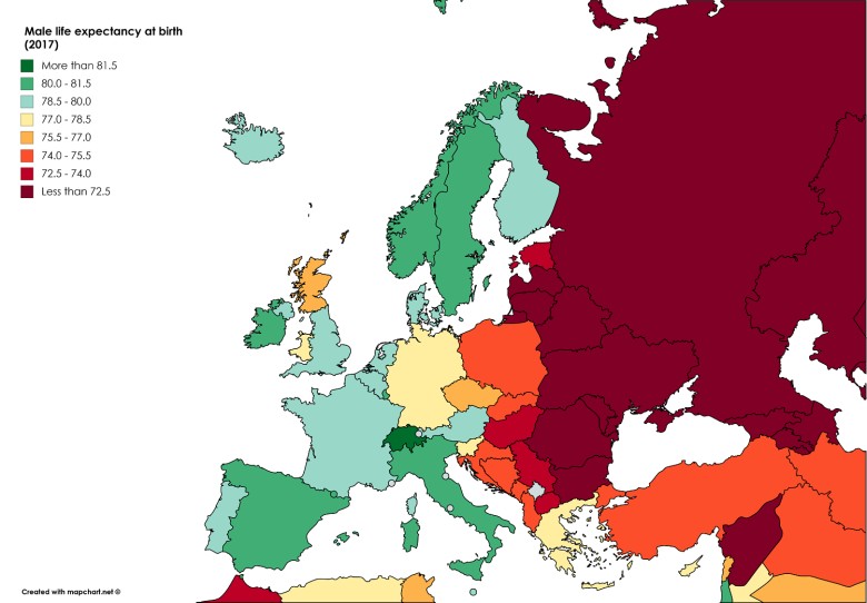 Średnia długość życia mężczyzn w Europie, 2017