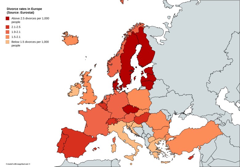Wskaźniki rozwodów w Europie (Źródło: Eurostat 2017)