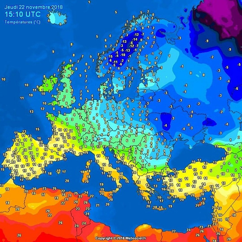 Temperatury w Europie w dniu 22 listopada