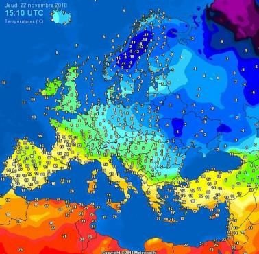 Temperatury w Europie w dniu 22 listopada