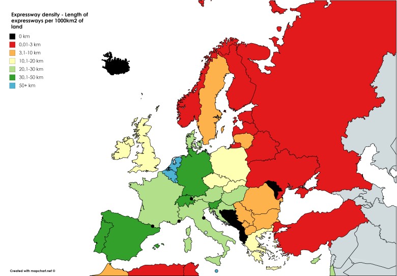 Państwa w Europie o największym zagęszczeniu dróg ekspresowych