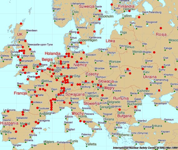Mapka elektrowni jądrowych w Europie, 1999