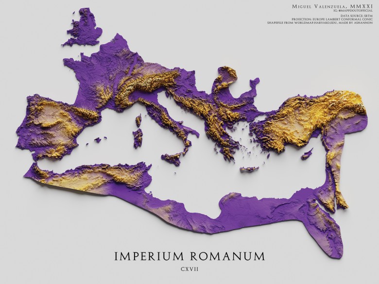 Reliefowa (topograficzna) mapa Imperium Rzymskiego, 117 roku n.e.
