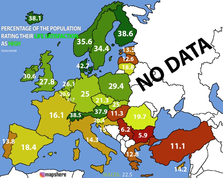 Procent zadowolonych z życia w Europie