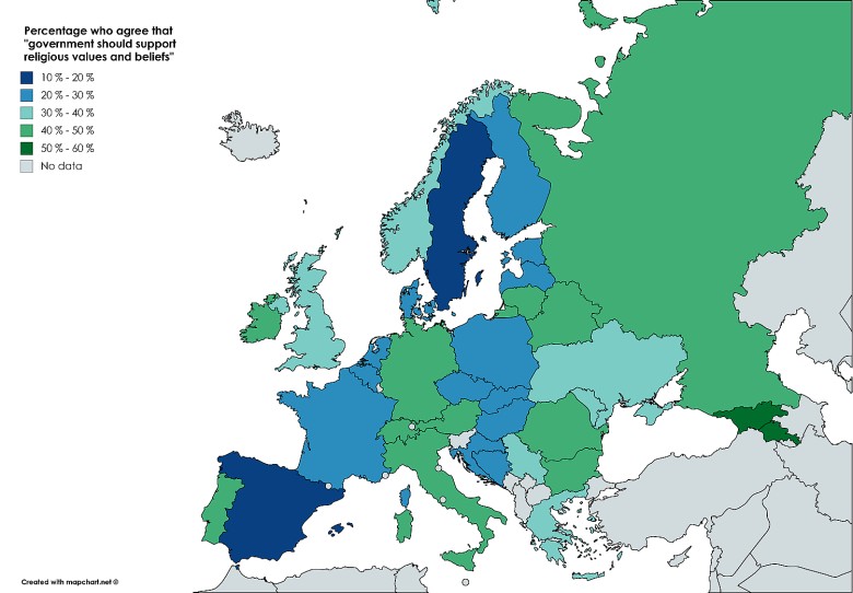 Odsetek Europejczyków, którzy zgadzają się, że rząd powinien wspierać wartości i przekonania religijne