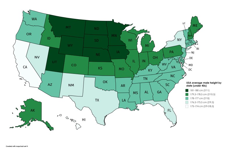 Średnia wysokość mężczyzn w USA według stanu (poniżej 40 lat)