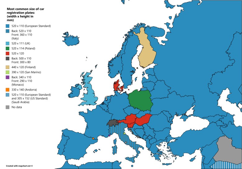 Najczęściej występujące rozmiary tablic rejestracyjnych samochodów w Europie