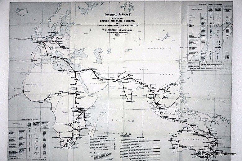 Obszary, które łączyły brytyjskie imperialne linie lotnicze (Imperial Airways Ltd), 1936
