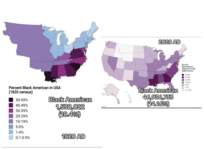 Mapa etniczna USA. Afroamerykanie (czarnoskórzy, czarni) w 1820 i 2020 roku