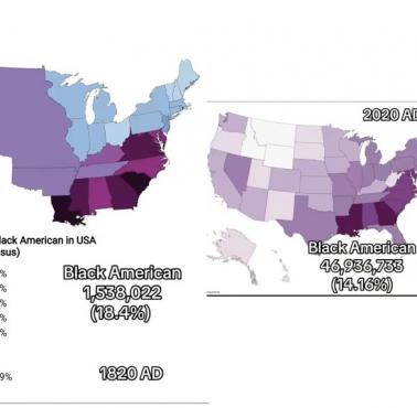Mapa etniczna USA. Afroamerykanie (czarnoskórzy, czarni) w 1820 i 2020 roku