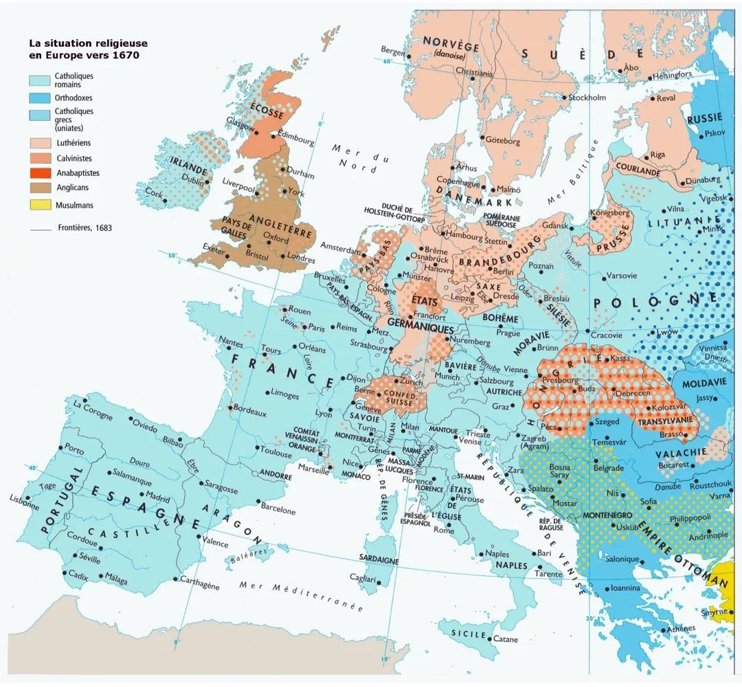 Mapa religijna Europy, 1670
