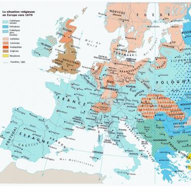 Mapa religijna Europy, 1670