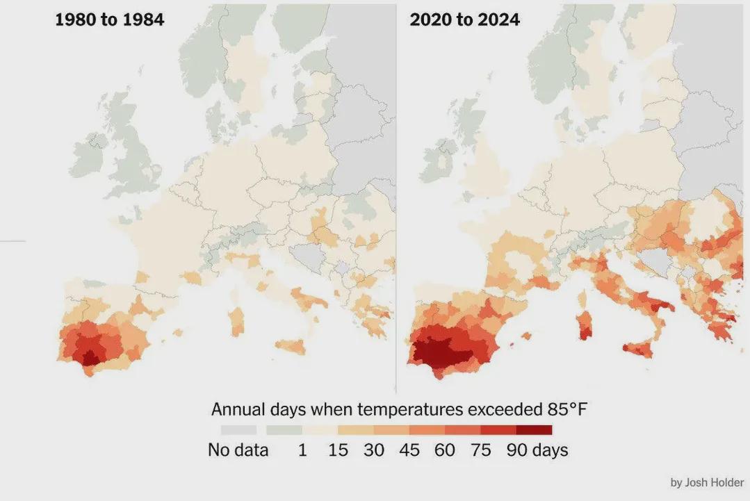 Liczba dni w roku, w których temperatura przekroczyła 30 stopni Celsjusza (85 Fahrenheita) w Europie, 1980-1984, 2020-2024