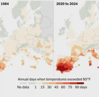 Liczba dni w roku, w których temperatura przekroczyła 30 stopni Celsjusza (85 Fahrenheita) w Europie, 1980-1984, 2020-2024