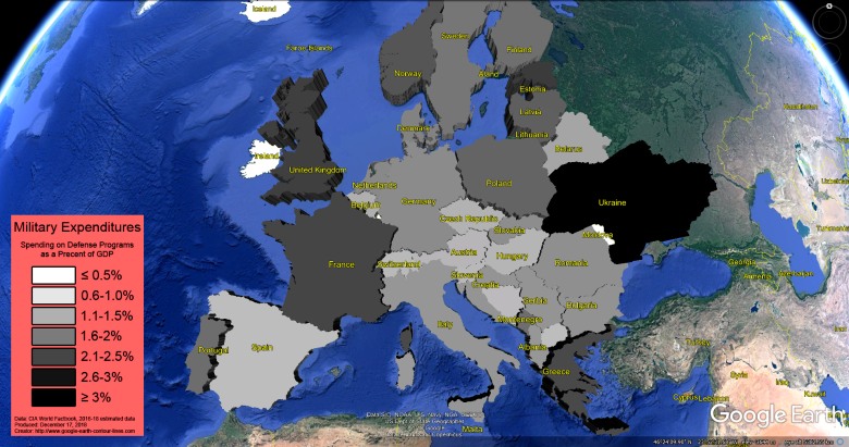 Wydatki wojskowe jako% PKB, 2016-18