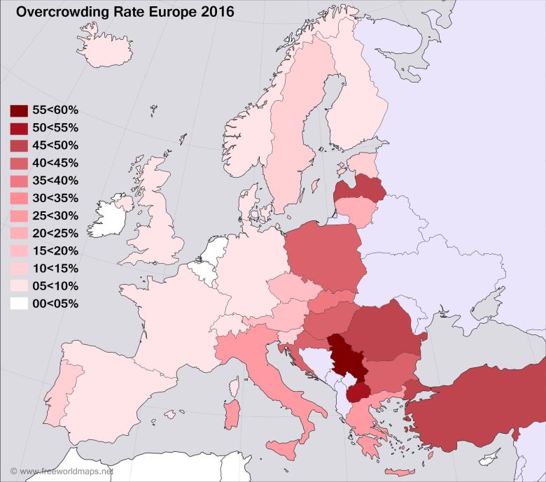 Procent ludności mieszkająca w zatłoczonych mieszkaniach w Europie, 2016 (Eurostat)