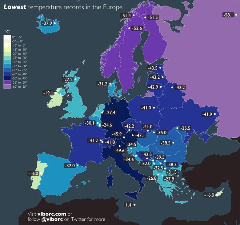 Mapa zawierająca najniższe temperatury zarejestrowane dotąd dla krajów w Europie