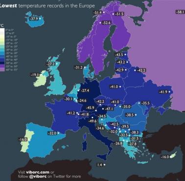 Mapa zawierająca najniższe temperatury zarejestrowane dotąd dla krajów w Europie