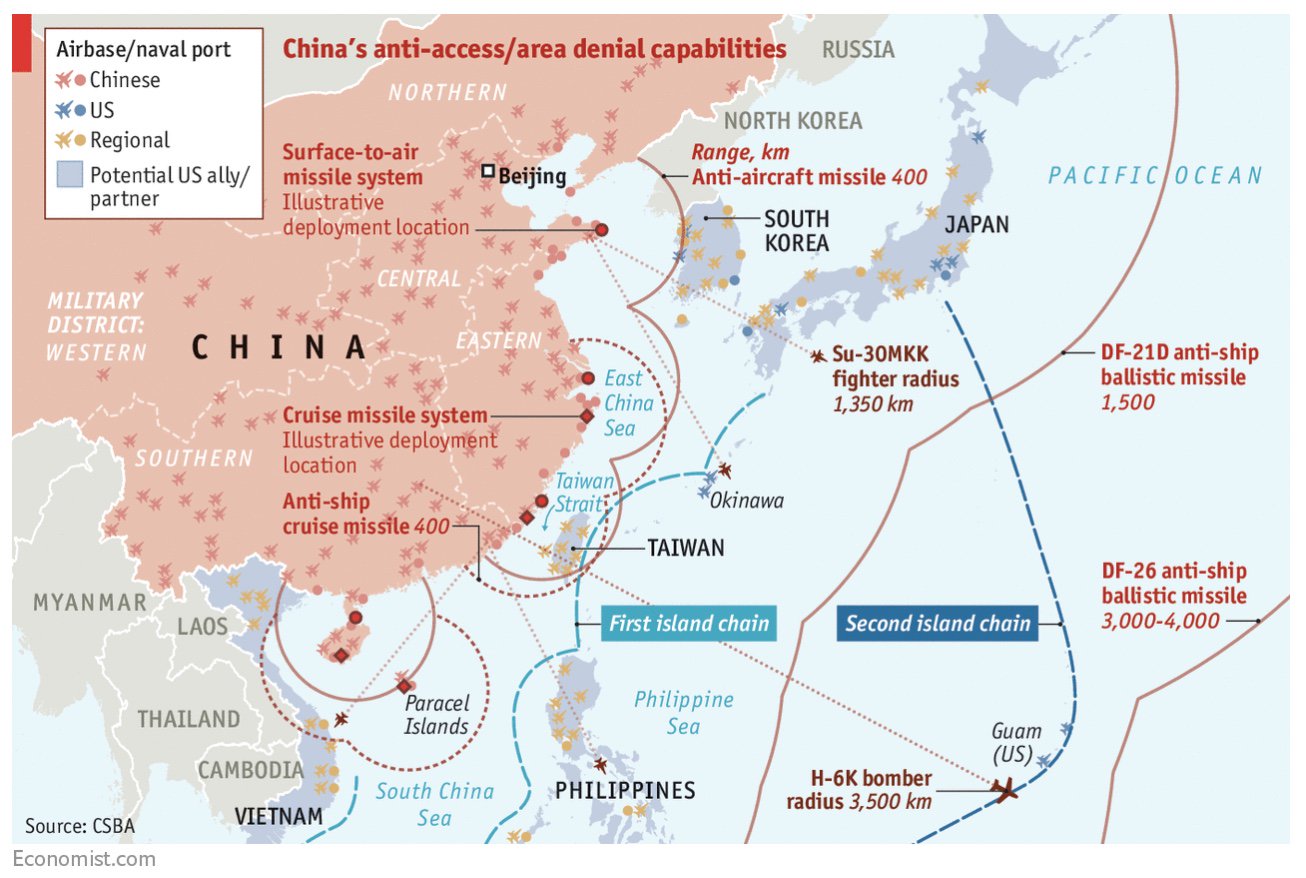 Rozmieszczenie chińskich baz, wojskowych lotnisk, portów wojennych ... zasięg operacyjny lotnictwa etc., A2/AD