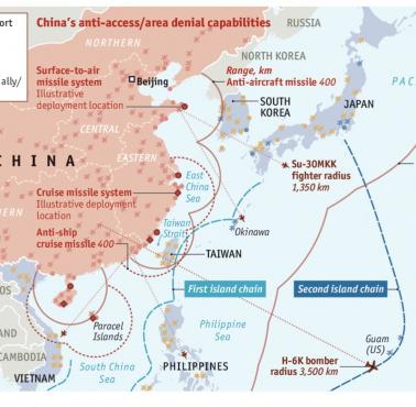 Rozmieszczenie chińskich baz, wojskowych lotnisk, portów wojennych ... zasięg operacyjny lotnictwa etc., A2/AD