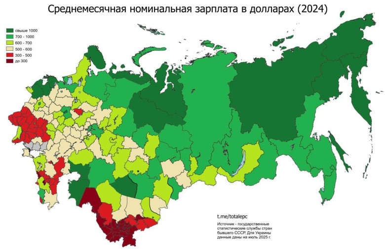 Średnia miesięczna płaca nominalna w dolarach w regionach byłego ZSRR, 2024