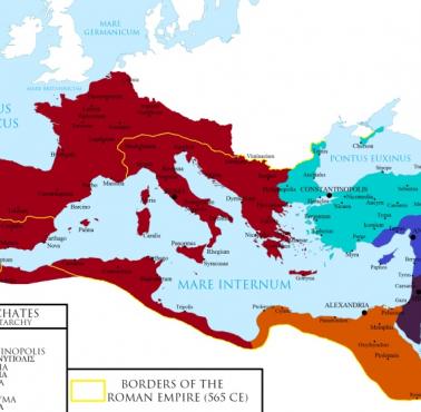 Zasięg Cesarstwa Wschodniorzymskiego (Cesarstwo Bizantyńskie) w czasach Justyniana I, 565 rok n.e. (z podziałem na patriarchaty)