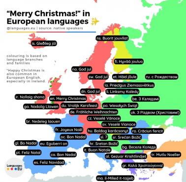 Słowo "Wesołych Świąt" w różnych europejskich językach