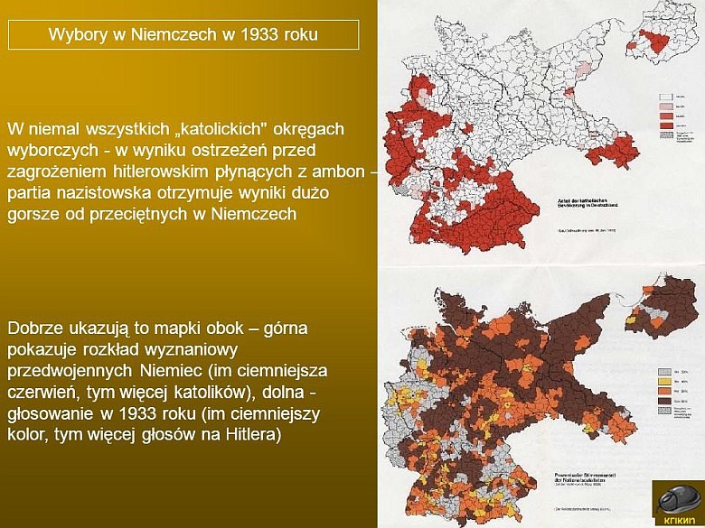 Głosy oddane na NSDAP w 1933 roku i mapka katolików w Niemczech