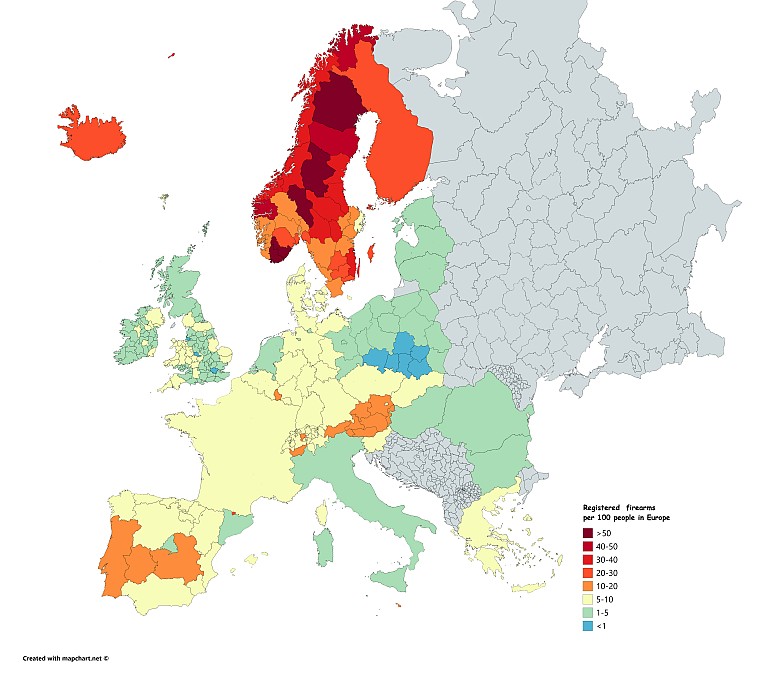 Zarejestrowana broń palna na 100 osób w Europie