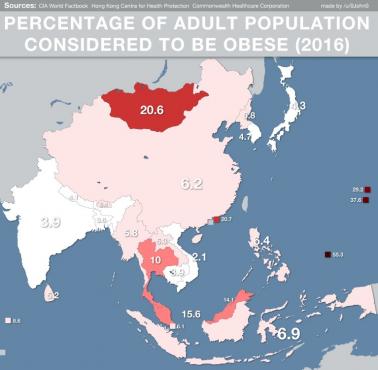 Odsetek dorosłej populacji uważanej za otyłą w Azji