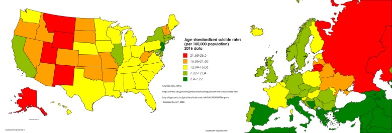 Wskaźniki samobójstw w USA i Europie, 2016