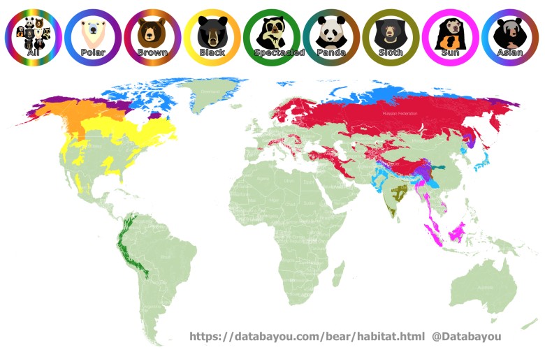 Mapa występowania różnych gatunków niedźwiedzi (Ursidae)