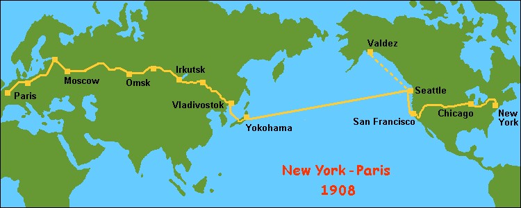Trasa wyścigu samochodowego Great Race (NY - Paryż) z 1908 roku Nowy Jork-Paryż