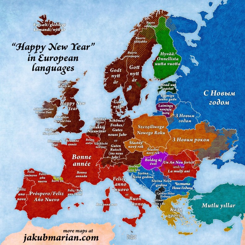 Słowo Szczęśliwego Nowego Roku w różnych europejskich językach