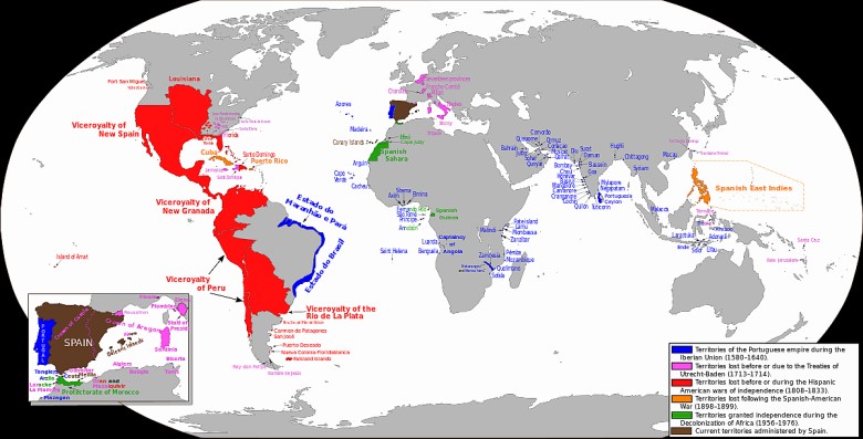 Mapa Unii Iberyjskiej, trwająca od 1580 r. do 1640 roku (Unia korony portugalskiej i hiszpańskiej)
