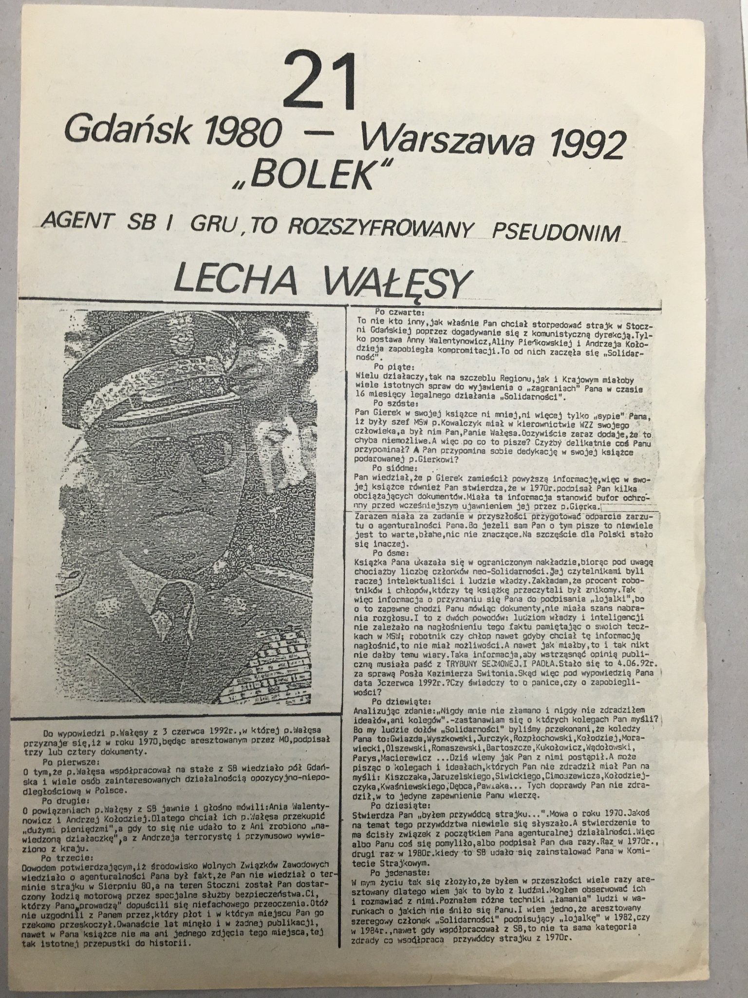 Ulotka z archiwum Czesława Kiszczaka przedstawiająca postać Lecha Wałęsy (TW Bolek), 1992