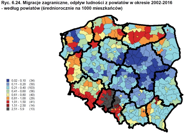 Emigracja ludności Polski w latach 2002-2016, z podziałem na powiaty